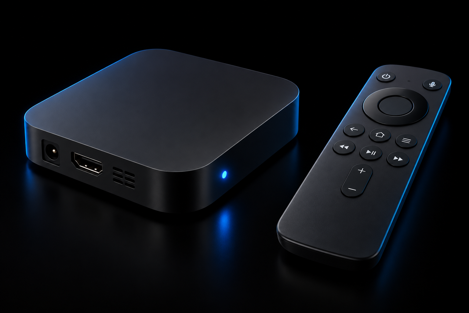 Illustration of a TV streaming box and remote; not an exact product model