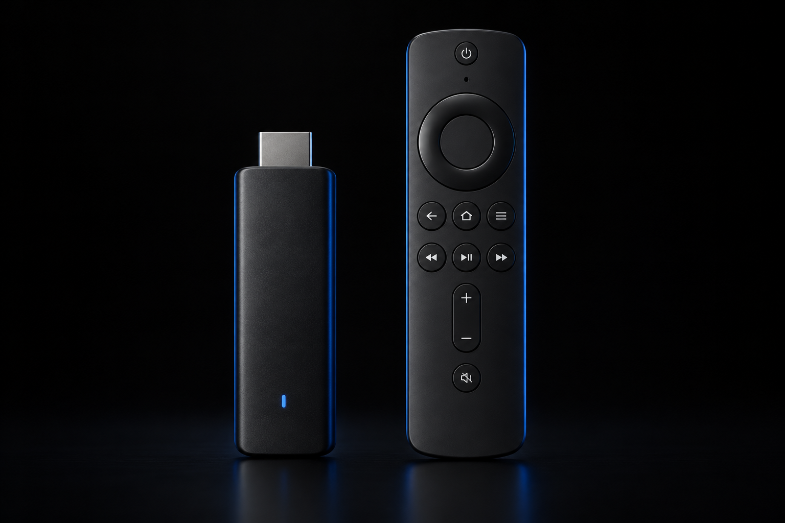 Illustration of a streaming stick and remote; not an exact product model