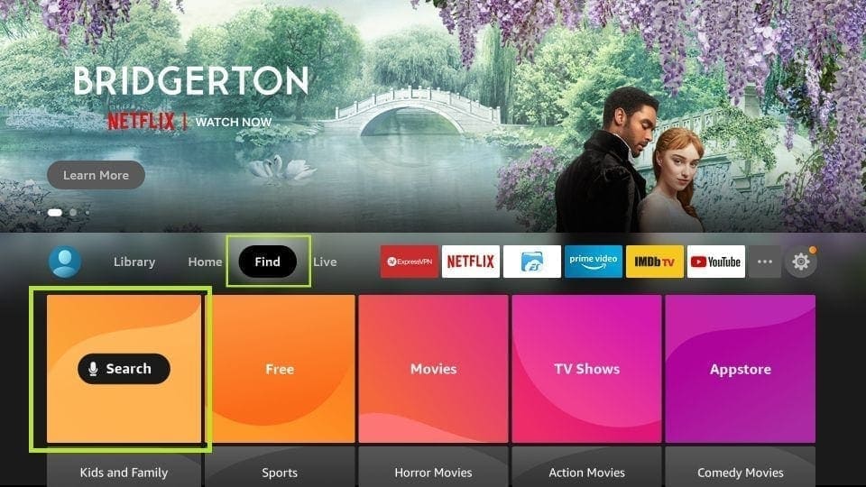 Fire TV Find menu with Search highlighted