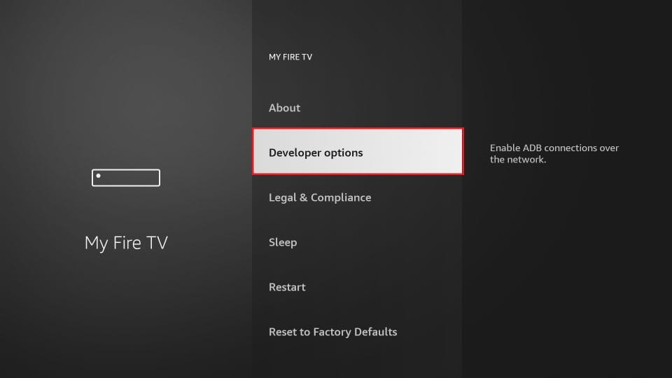 Fire TV Developer options menu