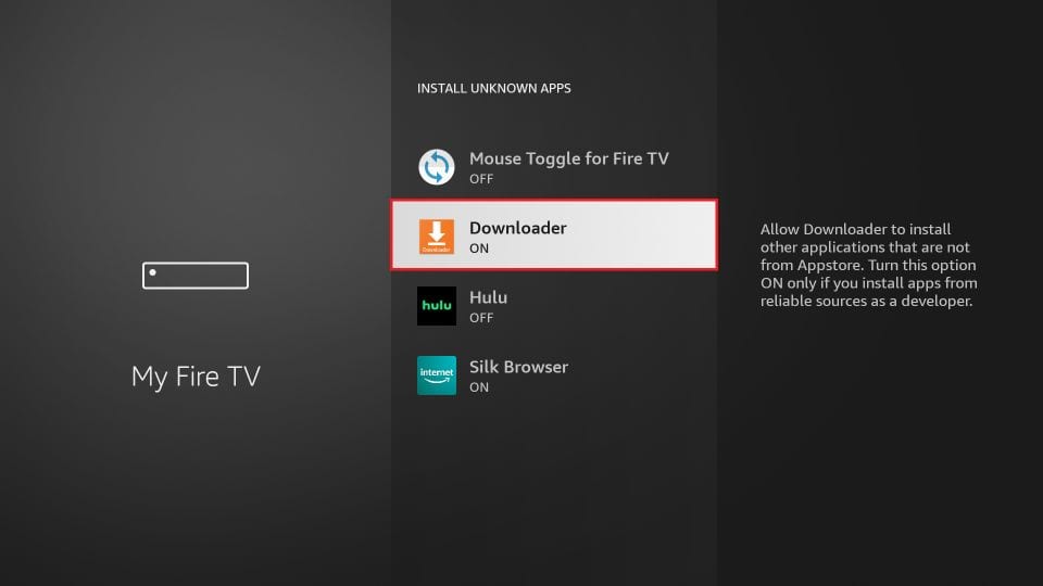 Downloader selected in Fire TV install permissions