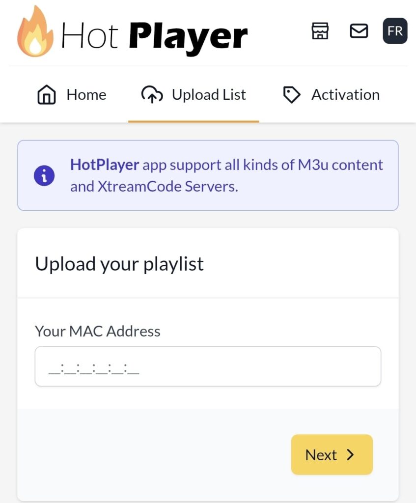 HotPlayer Upload List form with MAC Address and Next