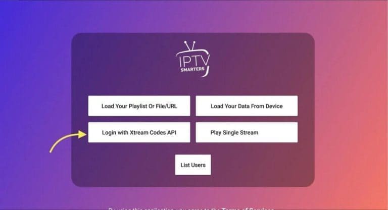 Legacy Smarters connection menu with Login with Xtream Codes API highlighted
