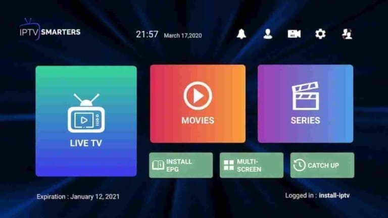 Legacy Smarters home screen with Live TV, Movies, Series and Install EPG