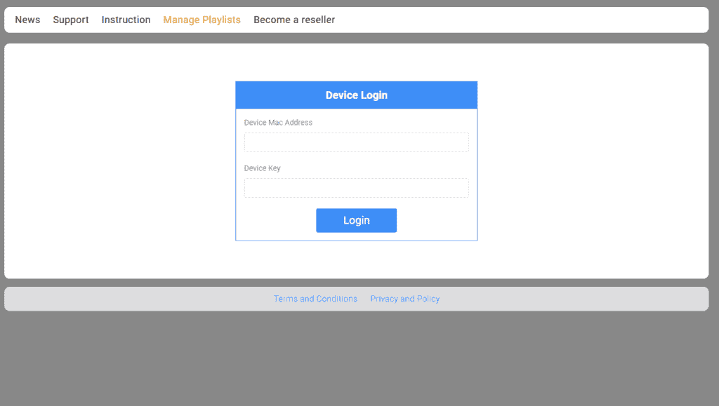 IBO web management Device Login form with MAC address and device key fields