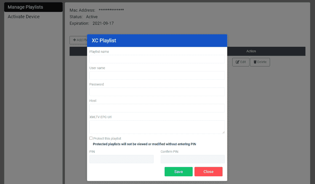 IBO XC Playlist form showing playlist name, username, password, host and Save