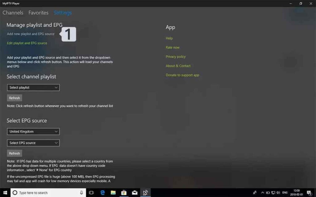 MyIPTV Player Settings with Add new playlist and EPG source