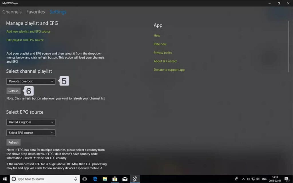 MyIPTV Player Settings showing the selected playlist and Refresh button