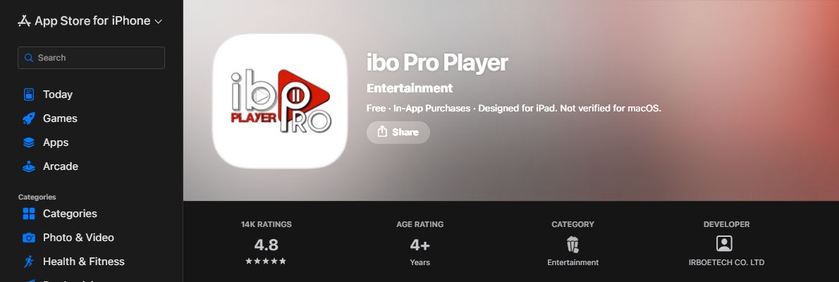 ibo Pro Player Apple listing and IRBOETECH publisher