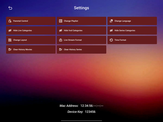 ibo Pro Player Settings screen with Mac Address and Device Key at the bottom