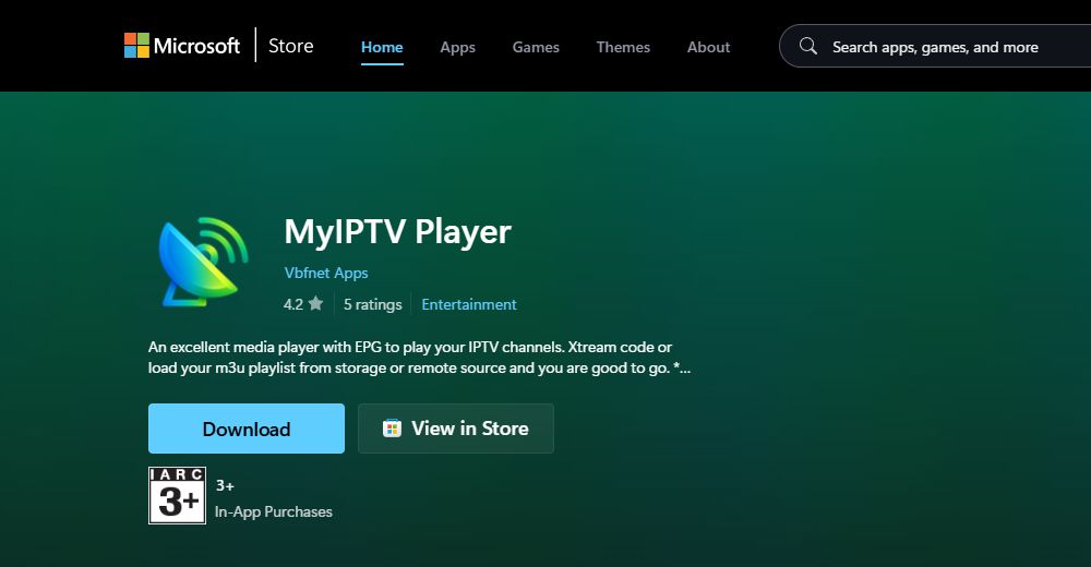 MyIPTV Player Microsoft Store listing with download option