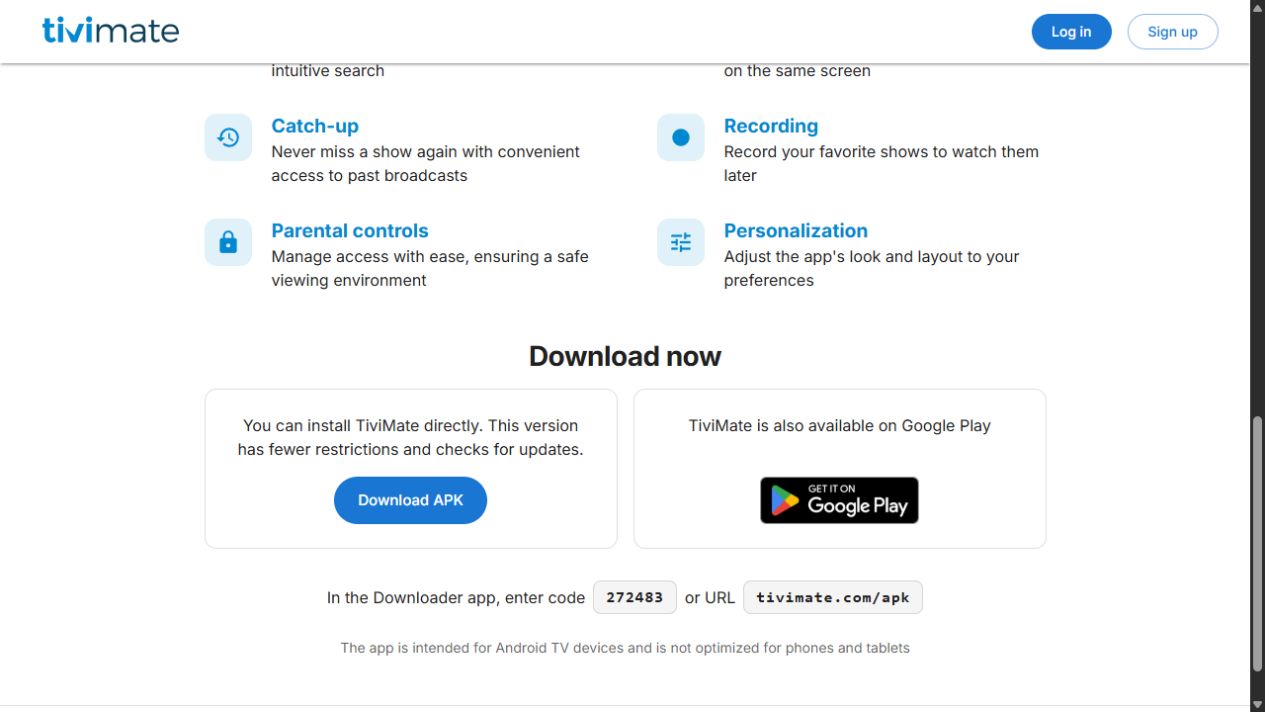 Official TiviMate download options and Downloader code 272483